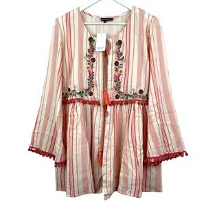 Anthropologie Chantik Sweater Womens S Pink Striped Boho Loose Tie Front Shrug